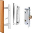 Sliding Patio Glass Door Handle Set Replacement Mortise Lock 45° – White Diecast with Wood Finish Mortise Style, Fits 3-15/16 in. Hole Spacing