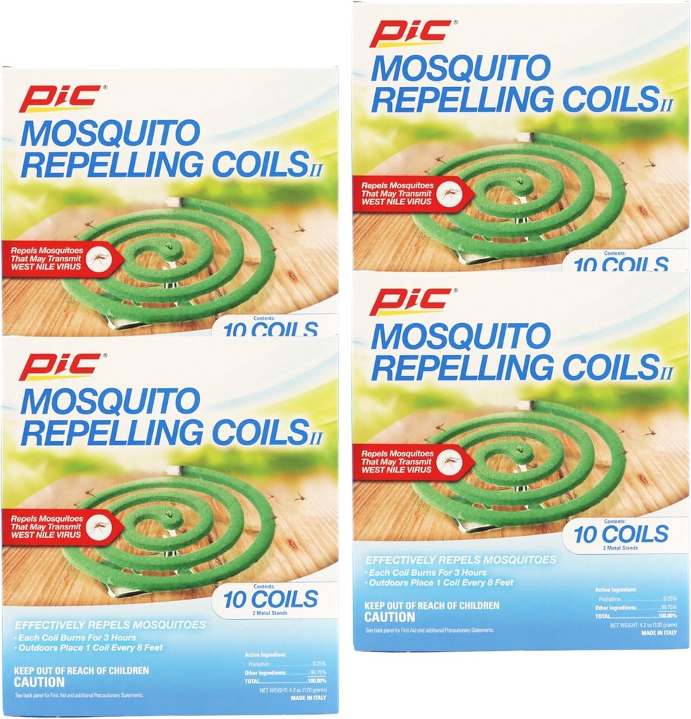 PIC Mosquito Repelling Coils, Outdoor Mosquito Repellent, Up to 3 Hours Protection, 8-Feet Area Coverage, Suitable for Patio, Porch, Backyard & Outdoor Use, 40 Coils (4 Packs of 10)