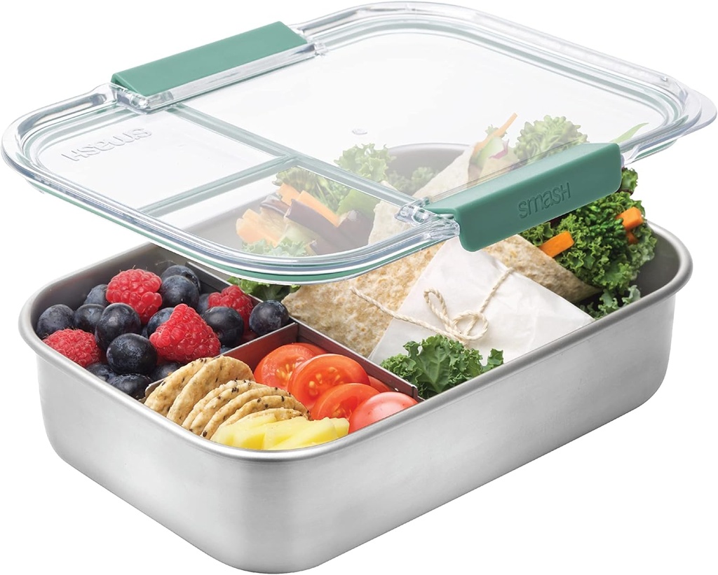 Smash Microwave Safe Stainless Steel 3 Compartment Bento Lunch Box, 44oz