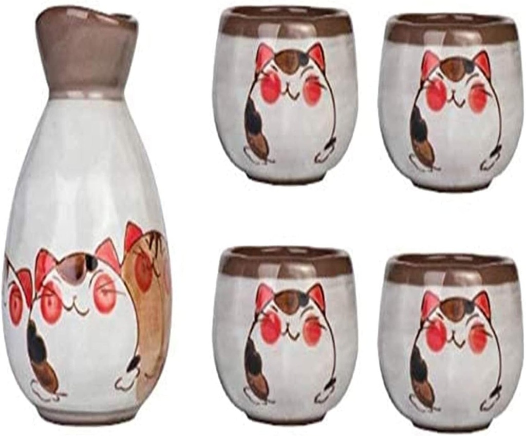 Sake wine set, wine glass,Sake Cup Set Wine Cups Sake Set, 5 Piece Sake Set, Traditional Ceramic Sake Set, Hand-Painted Lovely Cat, 4 Sake Cups, 1 Sake Pot, for Home Decor Family and Friends Fo,Home D