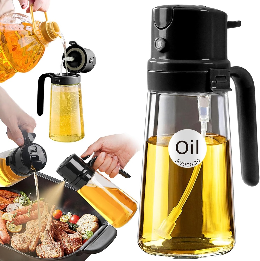 YARRAMATE 16oz/470ml Easy Refillable Oil Sprayer for Cooking, 2 in 1 Oil Dispenser for Kitchen and Oil Sprayer Bottle, Food-Grade Glass Oil Mister with Simple Open Design, Air Fryer,BBQ (Black)