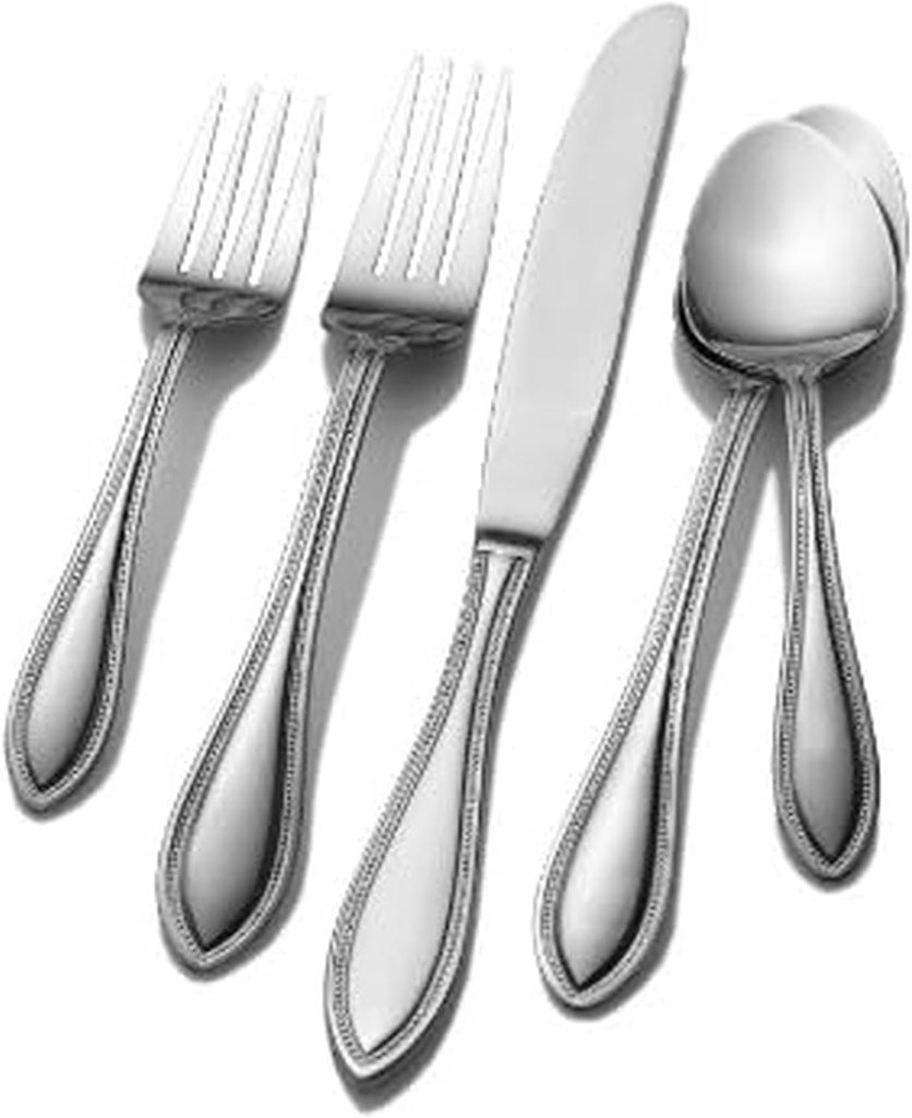 Pfaltzgraff American Bead 61-Piece Stainless Steel Flatware Set with Serving Utensil Set, Steak Knives and Iced Tea Spoons, Service for 8