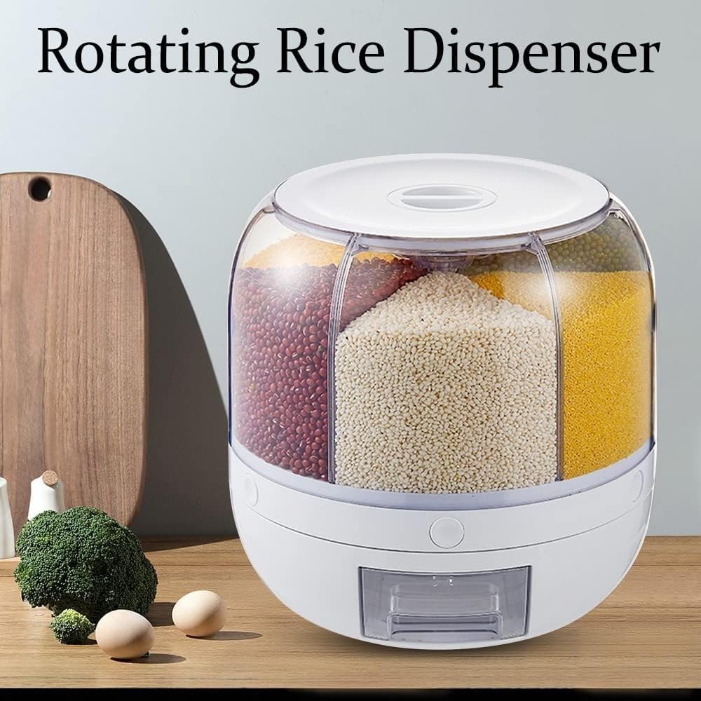 Grain Dispenser, 360° Rotating 6 Grid Grain Dispenser, Rotating Dry Food Dispenser for Lentils, Grain and Rice Storage Container Kitchen, Small Beans, Barley, Millets-Max
