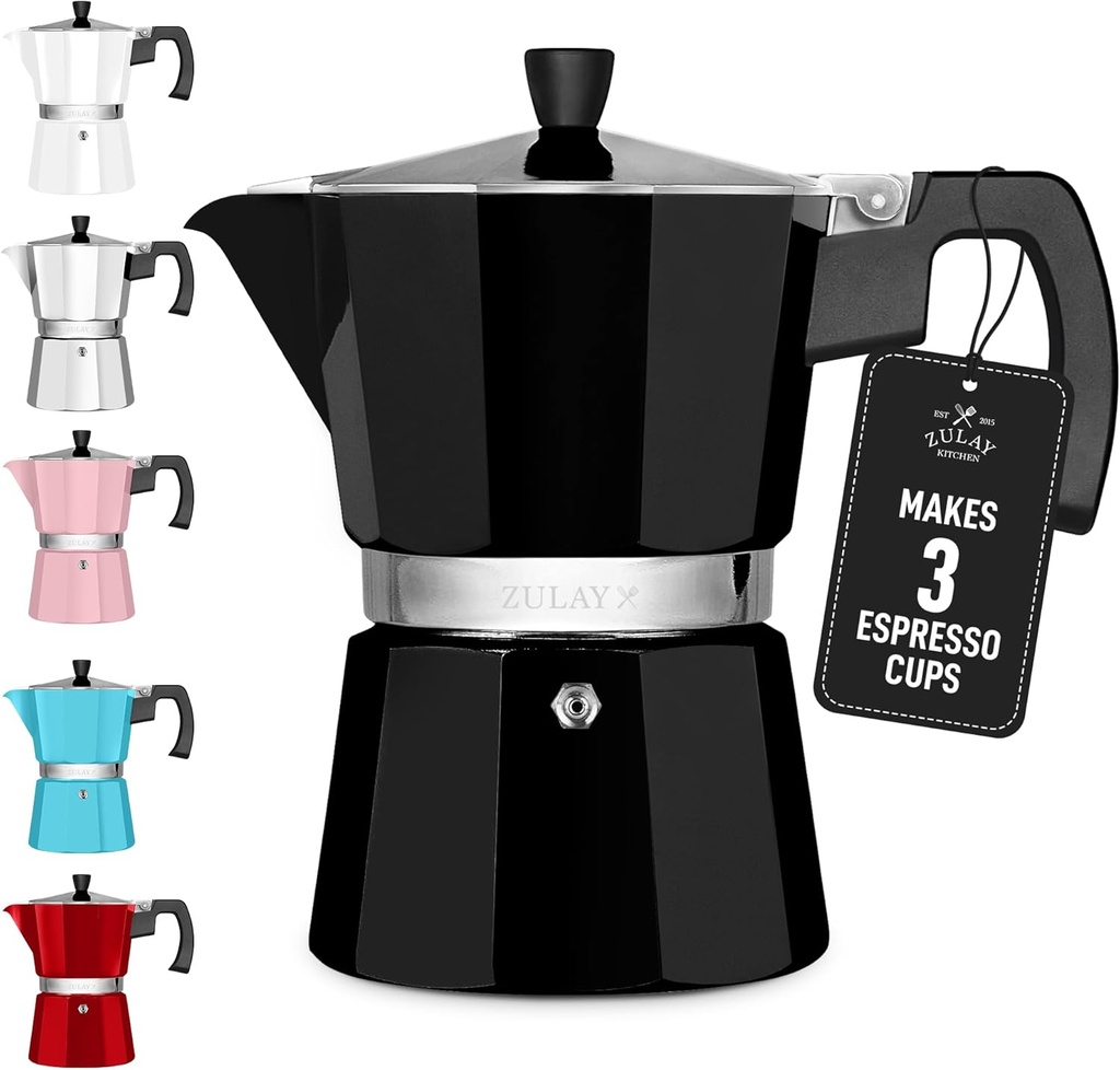 Zulay Moka Pot Espresso Stovetop Coffee Maker - Leak-Proof, Stainless Steel, Easy to Clean, Heat Resistant Handle & Knob - for Authentic Cuban & Italian Style Espresso - Makes 3 Espresso Cups - Black