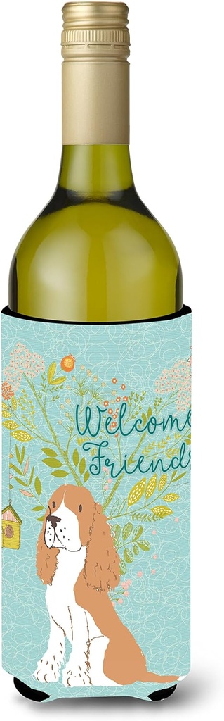 Caroline's Treasures BB7620LITERK Welcome Friends Gold Springer Spaniel Wine Bottle Hugger Bottle Cooler Sleeve Hugger Machine Washable Collapsible Insulator Beverage Insulated Holder
