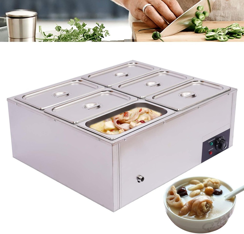 Electric Commercial Food Warmer, 6-Pan Steam Table Stainless Steel Bain Marie Buffet Countertop Stainless Steel Electric Heating with Temperature Control & Lid for Parties, Catering, Restaurants