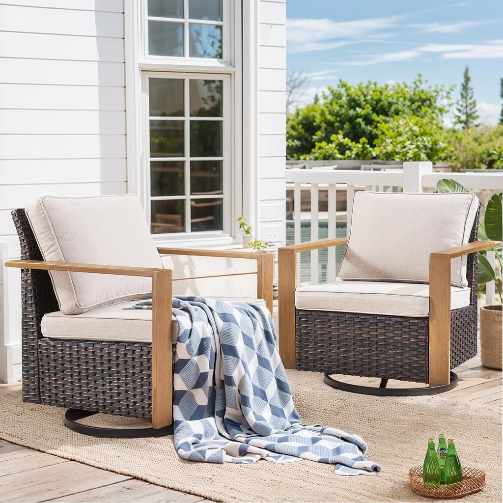 HUMMUH Outdoor Swivel Rocker Patio Chairs Set of 2-All Weather Wicker Swivel Rocking Chairs Outdoor Chairs for Deck Porch Poolside Balcony-Brown/Beige