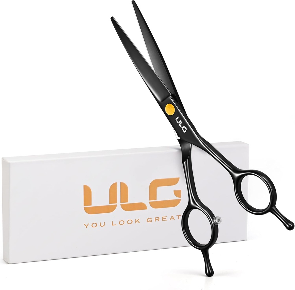ULG Professional Hair Cutting Scissors for Men, 6.5 Inch Sharp Barber Hair Shears, Premium Stainless Steel Straight Haircut Tool for Salon & Home Use, Gloss Paint Finish, Black