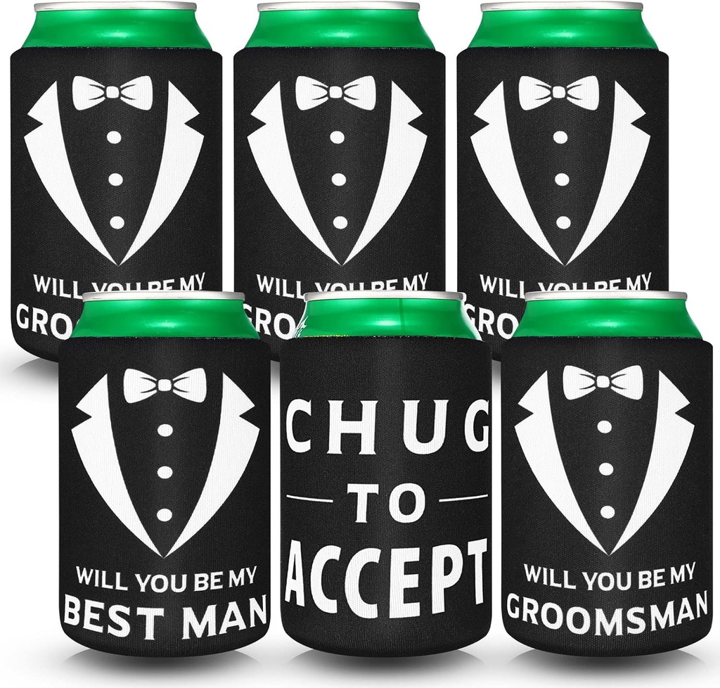 6 Pack Groomsmen Best Man Proposal Can Coolers Bachelor Gifts Groomsmen Gifts Funny Novelty Neoprene Hugger Can Sleeve Favors for Bachelor Party for Wedding Party Beer Holder