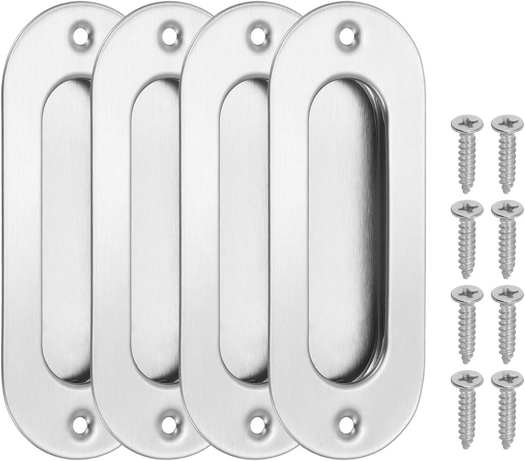 PATIKIL Recessed Finger Flush Pulls 4" 4 Pcs Pocket Door Handles Arc Sliding Closet Door Pulls Barn Hardware Set with Screws for Home Bathroom,Silver