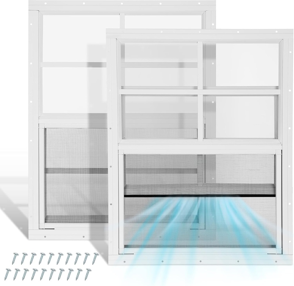 Fancat 2 Pack Shed Windows 18"x 23" Chicken Coop Windows with Tempered Glass and Fiberglass Screen,Small Window for Shed, Chicken Coop, Playhouse, Household, Garage, Barns (White)