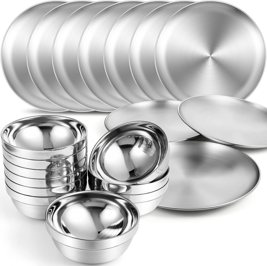 304 Stainless Steel Plates and Bowls Metal Camping Plates Reusable 13 oz Steel Snack Bowls Dinner Dishes Double Walled Insulated Metal Dinnerware(10 Sets,8 x 8 Inch)