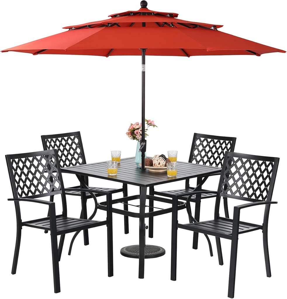 Sophia & William Metal Outdoor Patio Dining Set 6 PCS with 10ft 3 Tier Auto-tilt Umbrella(Orange Red), 4 x Metal Outdoor Chairs, 1 x Square 37"x 37" Dining Table and 1 Patio Umbrella