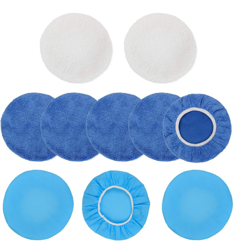 10PCS 9-10 inch Polisher Pad Bonnet Orbital Car Buffing Polishing Pad Cover - 5PCS Microfiber, 3PCS Wax Buffer, 2PCS Woolen Fleece Polishing Bonnet