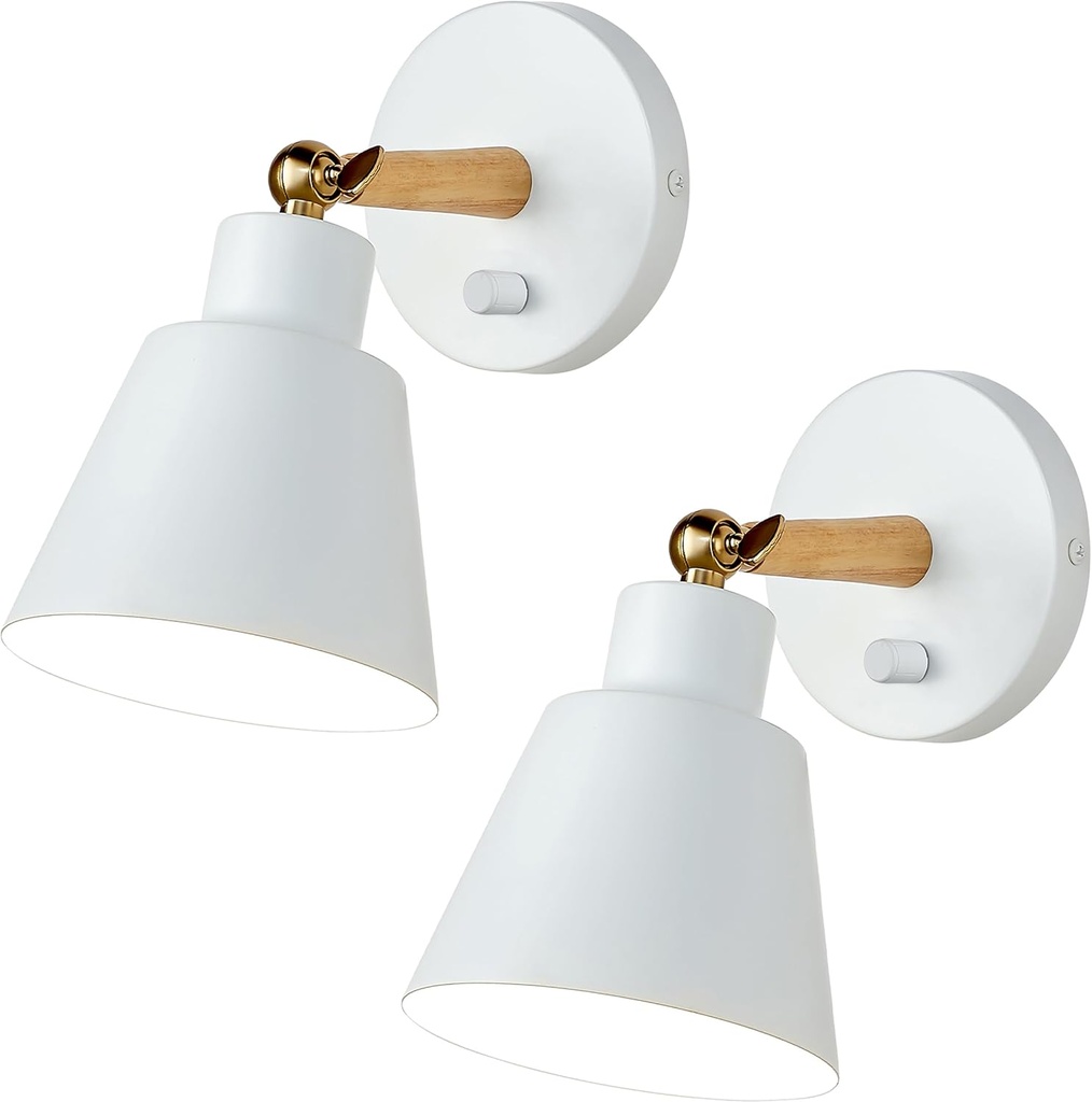 ClanKin White Wall Sconces Lighting Fixture Set of 2, Angle Adjustable Wall Mounted Bedside Lamp with On-Off Switch for Industrial Bedroom Bathroom Hallway Living Room (2Pack-White)