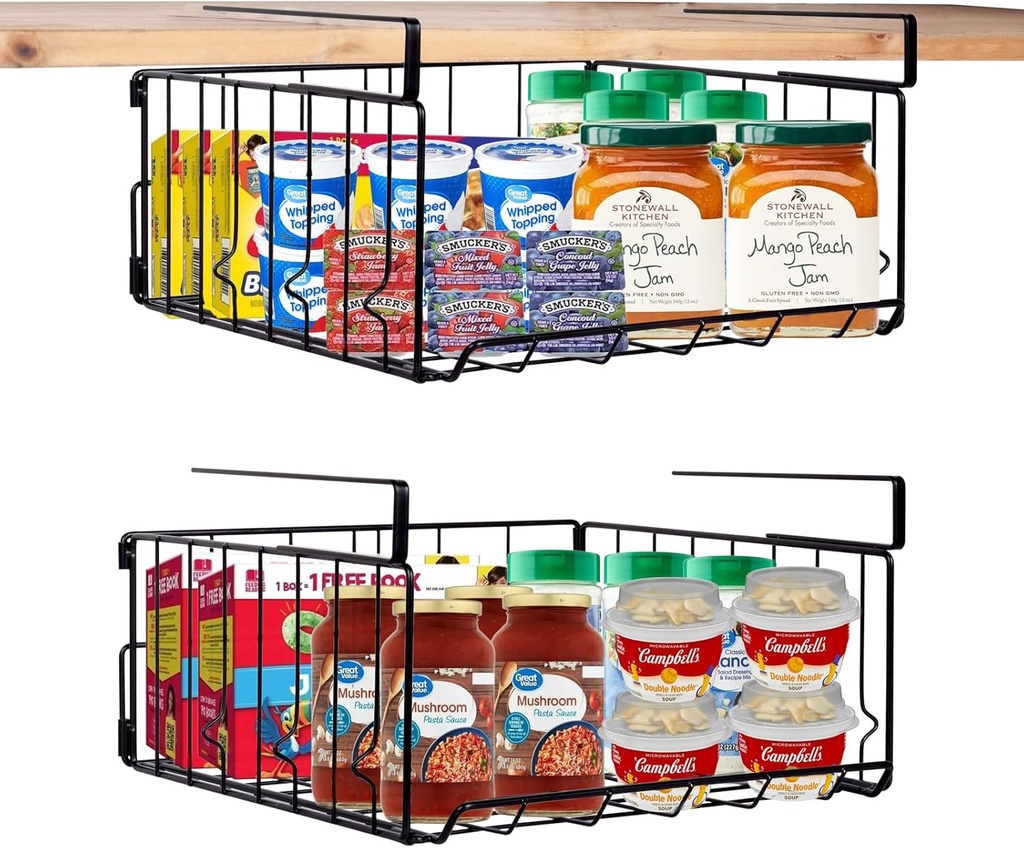Under Shelf Basket Storage 2Pack, Steel Under Shelf Hanging Wire Baskets Shelves for Laundry Room Kitchen Desk Pantry Bookshelf (Black)
