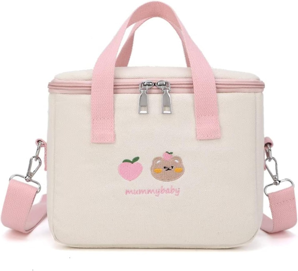 Kawaii Lunch Bag Cute Embroidery Lunch Box Reusable Thermal Cooler Lunch Tote Bag for Back to School Supplies (Pink)