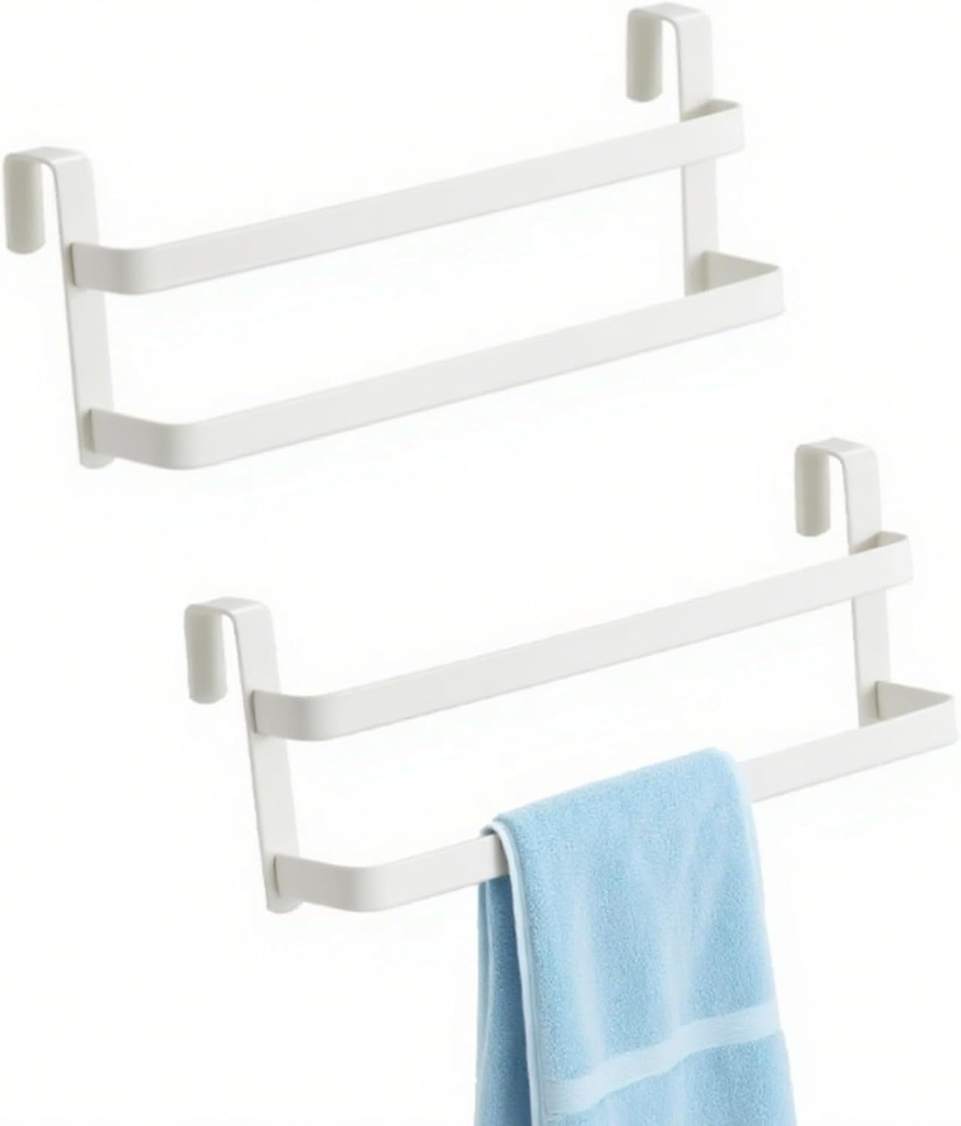 Double Layer Over Cabinet Towel Bar Holder, 2-Pack Stainless Steel Towel Bar for Hanging 2 Towels, Over The Door Towel Rack for Kitchen and Bathroom, Space-Saving Towel Hanger (White)