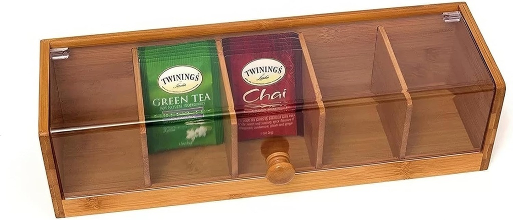 RRRICO Bamboo Tea Box with Clear Acrylic Lid – Tea Bag Organizer for Drawer Cabinet or Counter Tea Storage Box for Herbal Tea, Sugar Packets, Coffee Station Kitchen Tea Organizer with Compartments