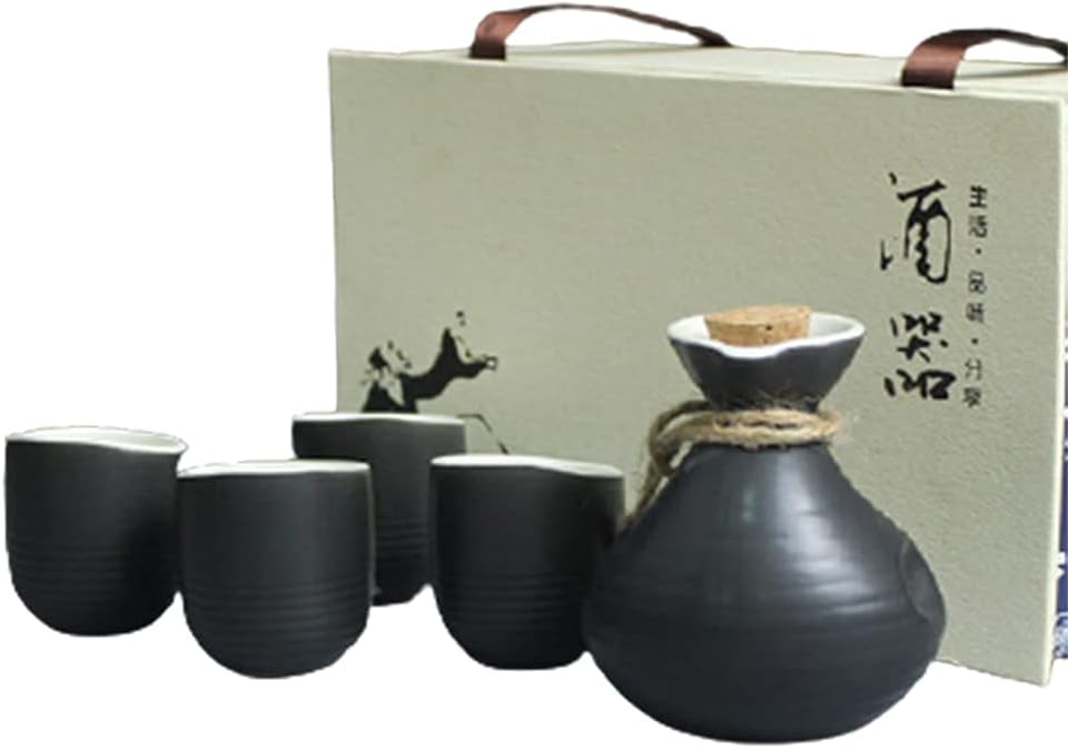 ese-Style Ceramic Sake 5 Piece Set,Sake Cup Sets,Unique Trendy Design,with 1 Sake Bottle 4 Sake Cups,Sake Storage Gift Box for Restaurant Wine Set,C