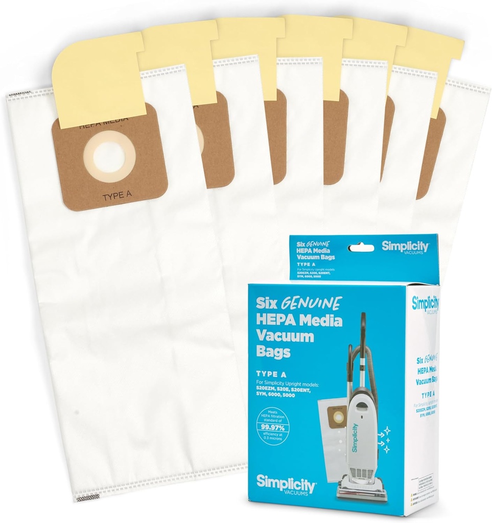 Simplicity Vacuums SAH-6 Certified Hepa Vacuum Replacement Bags, Fits with S20EZM Allergy Upright Vacuum Cleaner, Symmetry and 6 Series, Type A Bags, 6-pack Set