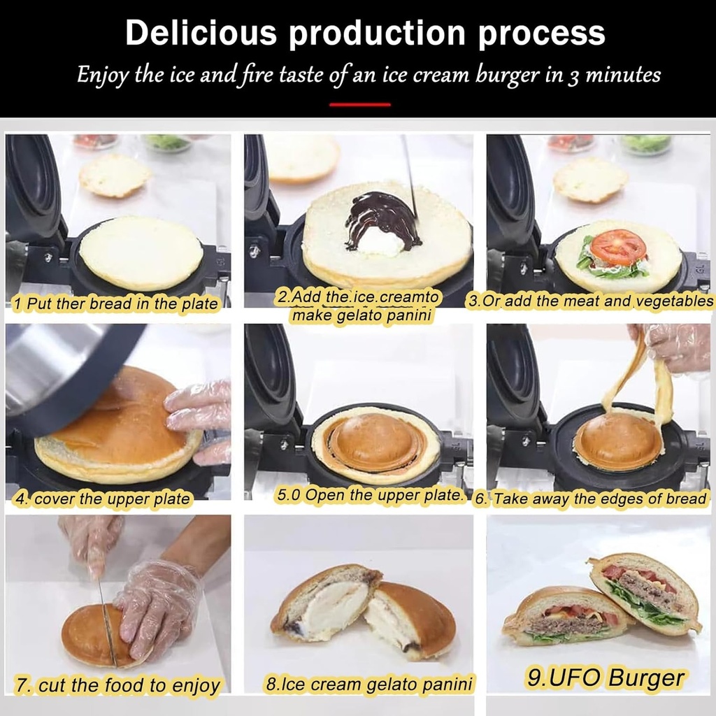 Burger Maker Machine Ice Cream Waffle Maker,Egg Roll Bowl Machine 1300W,Electric Burger Waffle Maker,Commercial Panini Press Sandwich Maker,50~300℃ Adjustable Temperaturefor Commercial ,Single Head