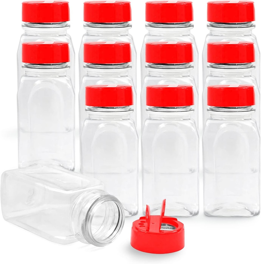 RoyalHouse - 12 PACK - 9.5 Oz with Red Cap - Plastic Jars Bottles Containers - Perfect for Storing Spice, Herbs and Powders - Lined Cap - Safe Plastic - PET - BPA free - Made in USA