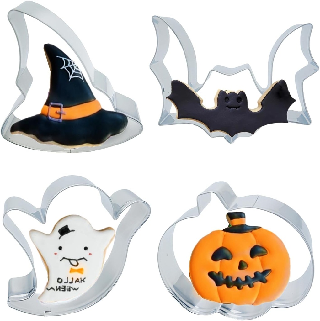 4PCS Large Halloween Cookie Cutters, Stainless Steel Metal Molds Pumpkin, Bat, Ghost, Wich's Hat Cookie Cutters with Decorating Instructions