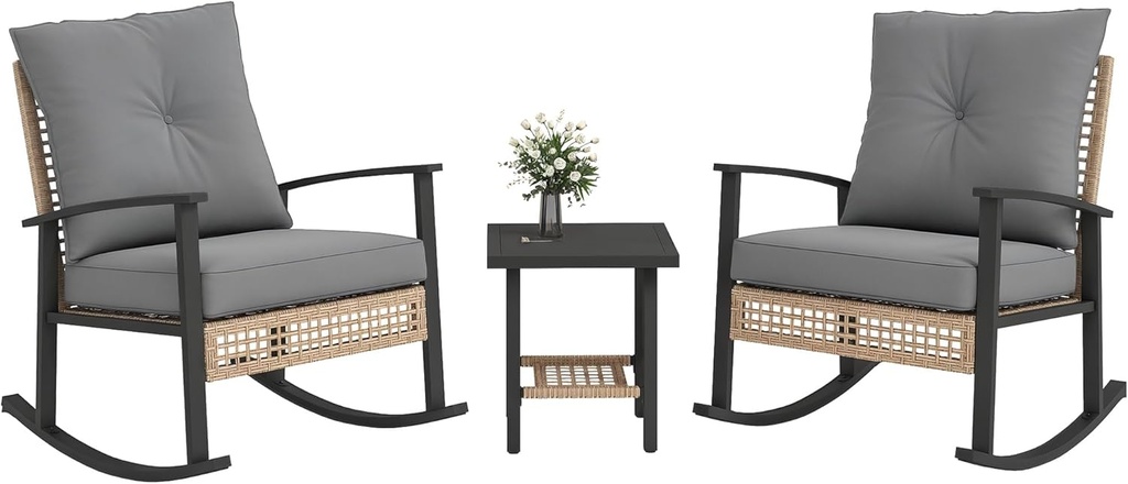 Outsunny 3 Pieces Rocking Wicker Outdoor Bistro Set, Rattan Patio Furniture Set with Coffee Table and Porch Chairs, Button Tufted Cushions for Backyard, Balcony, Garden, Gray