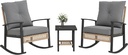 Outsunny 3 Pieces Rocking Wicker Outdoor Bistro Set, Rattan Patio Furniture Set with Coffee Table and Porch Chairs, Button Tufted Cushions for Backyard, Balcony, Garden, Gray