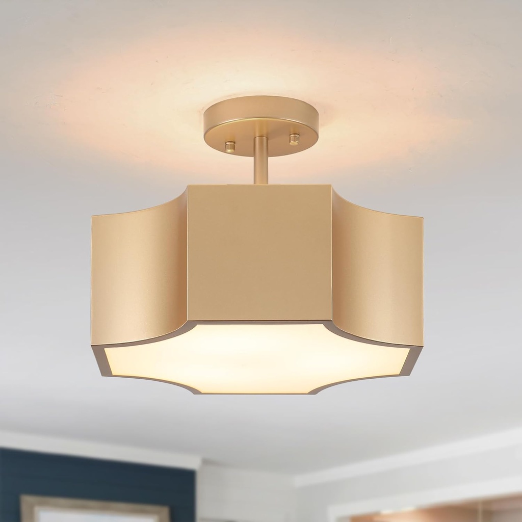 Modern Gold 3-Light Ceiling Light Fixture, Metal Industrial Semi Flush Mount Close to Ceiling Light, Farmhouse Light Fixtures Ceiling Mount, Geometry Chandelier for Kitchen, Dining Room, Hallway