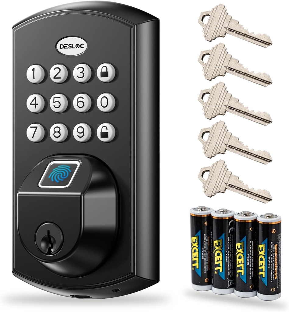 DESLOC A100F Keypad Fingerprint Door Lock, Keyless Entry Door Lock, Smart Lock Deadbolt for Front Door, Easy Installation, Emergency Power Port,12 Months Battery, IP54 Waterproof, 5 Keys