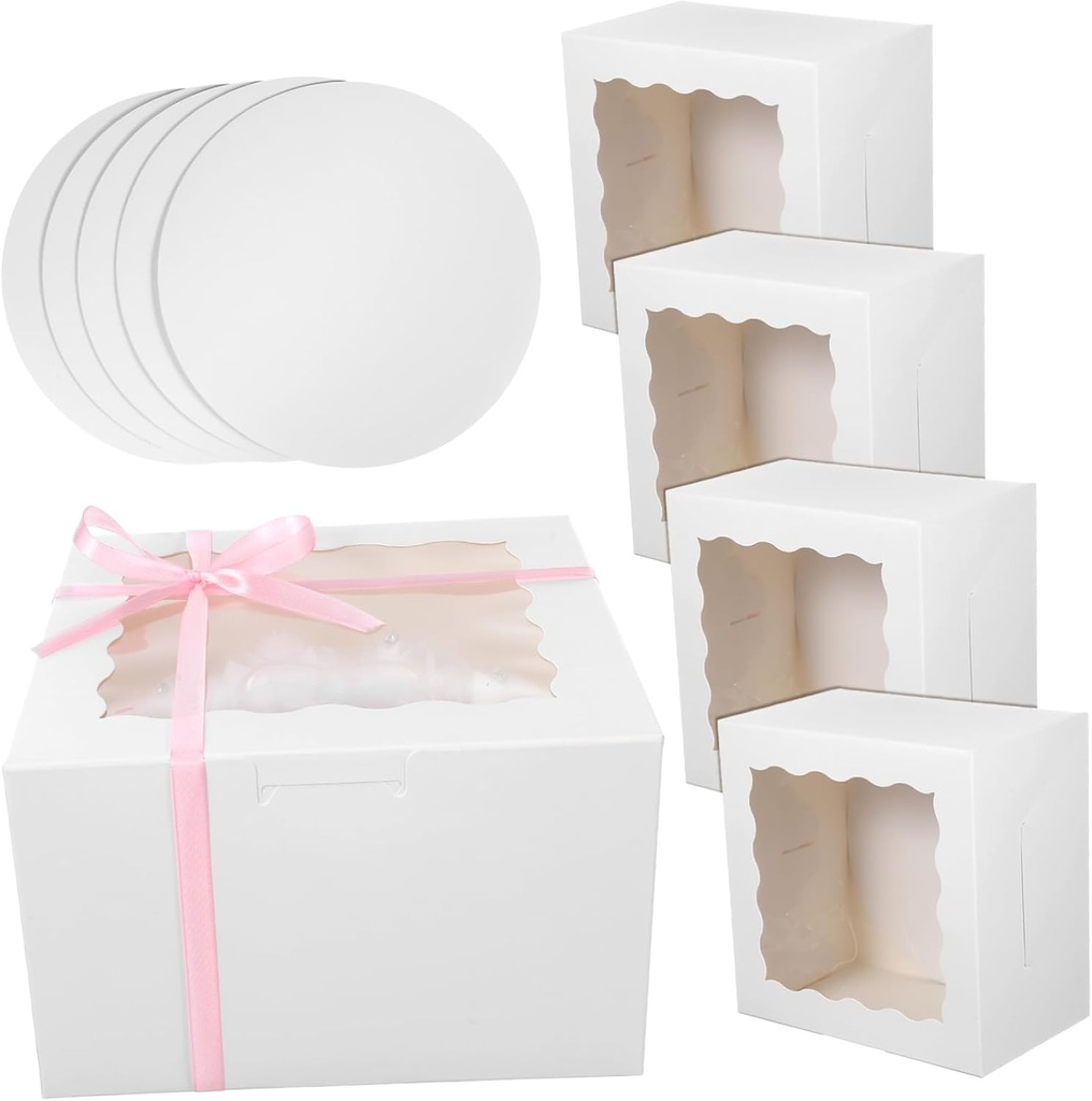 Zerodeko 5sets Sturdy Cake Boxes with Window and Cake Boards for Easy Packaging and Display of Desserts for Weddings Parties and Special Occasions