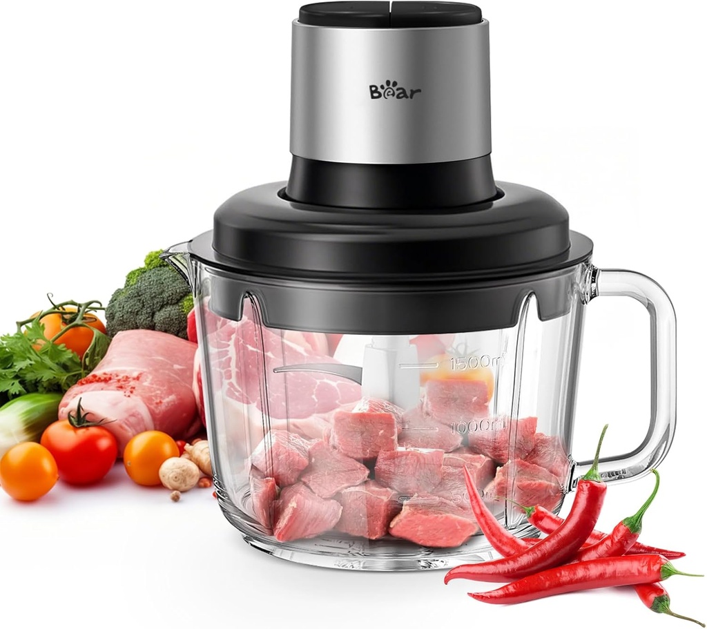 Bear Food Processor, Electric Food Chopper with 8 Cup/2L Handheld Glass Bowls, No-Hole 4 Bi-level Stainless Steel Blades for Easy Cleaning, 2 speed 400W Power Motor Grinder for Meat, and Baby Food