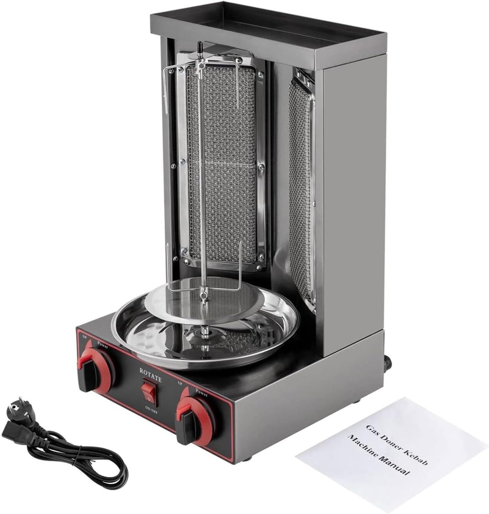 Gas Doner Kebab Machine, Vertical Rotisserie Grill Machine with 2 Burners for Commercial Home Kitchen, Countertop Rotisserie Oven