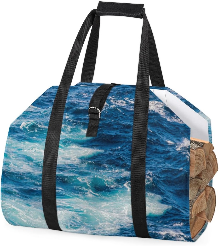 GUYOS Ocean Waves Landscape Pattern - Waxed Canvas Firewood Carrier Log, Waterproof Large Capacity Canvas Wood Carrying Bag with Top Handle, Fireplace Wood Stove Accessories