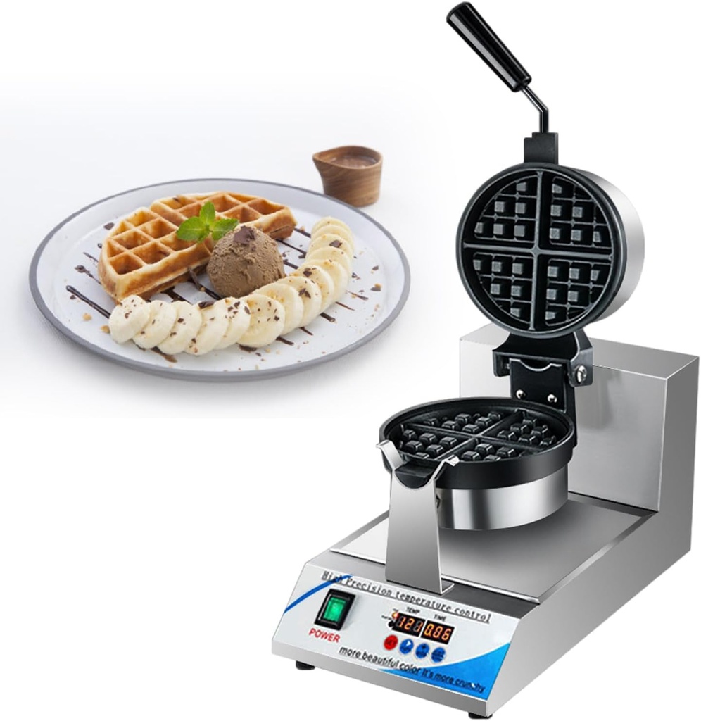 Commercial Waffle Maker, 1200W Round Waffle Iron, Non-Stick Rotatable Waffle Baker Machine With 32-570℉ Temp Range,110V