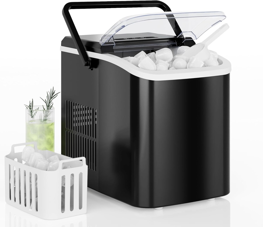 DUMOS Countertop Ice Maker with Handle, 26lbs/24H Portable Ice Machine, 9 Bullet Ice Cubes Ready in 6 Mins, Self-Cleaning, Quiet Compact Ice Maker for Home, Kitchen, RV, Camping, Black