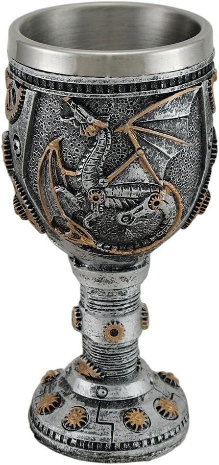 Silvered Steampunk Dragon and Gears Goblet w/Stainless Steel Liner
