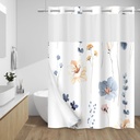 No Hook Shower Curtain with Snap in Liner - Watercolor Floral Shower Curtain - Fabric Waterproof Inner Liner, Plants Blue Beige Flowers White Cloth Shower Curtains Washable, 71 x 74 Inch