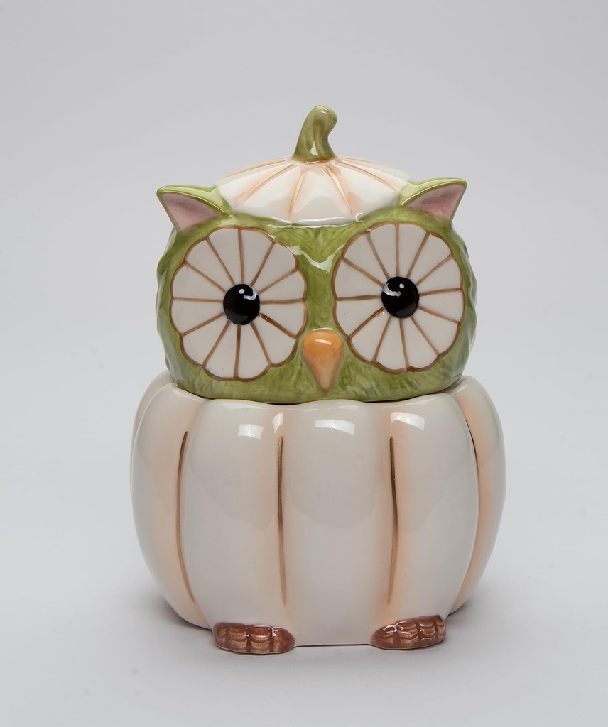 Cosmos Gifts Fine Ceramic White Pumpkin Owl Candy Cookie Jar, 6-3/4" H