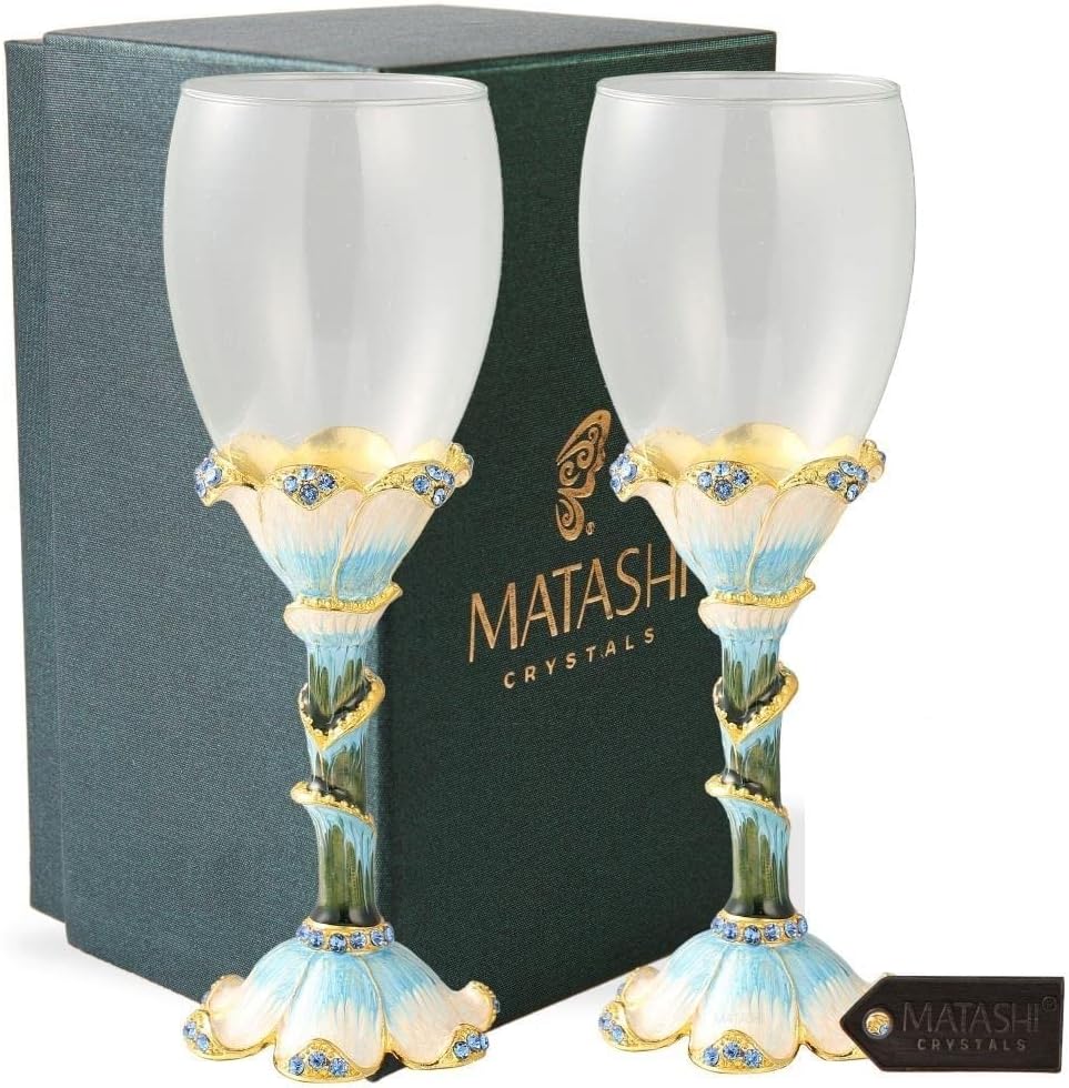 Matashi Long Stem Wine Glass with Hand Painted Stemware (Pewter) Flower Petal Base Classic Drinkware for Red and White Beverage Flavors (7 oz) BPA Free, Food-Grade Safe New Year Gift