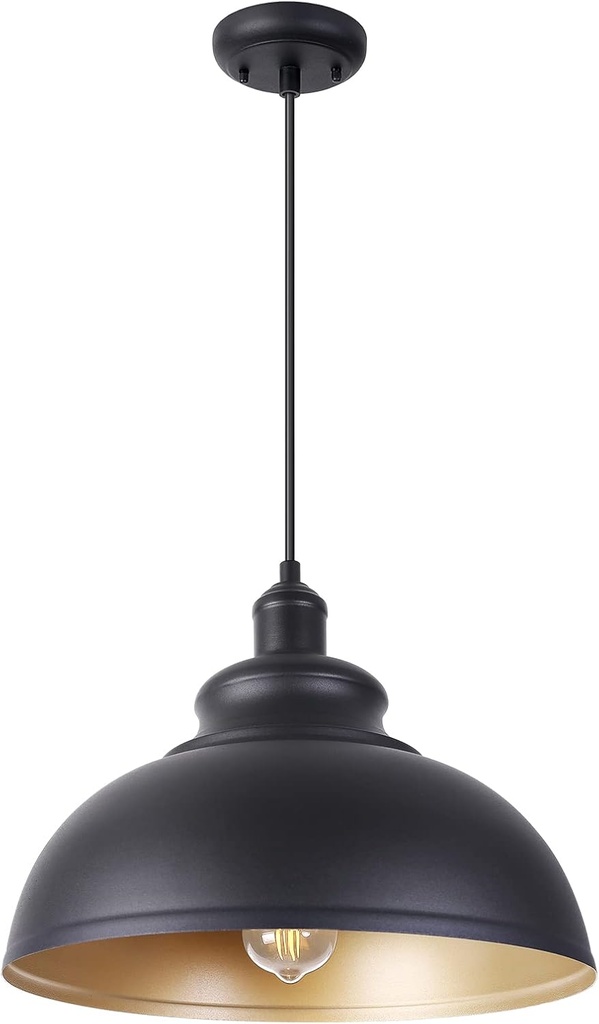 15 1/2in Large Dome Barn Pendant Light for Farmhouse, Black Ceiling Mounted Lighting with Brass Interior for Kitchen, Indoor and Outdoor Hanging Light Fixture with Ajustable Cord
