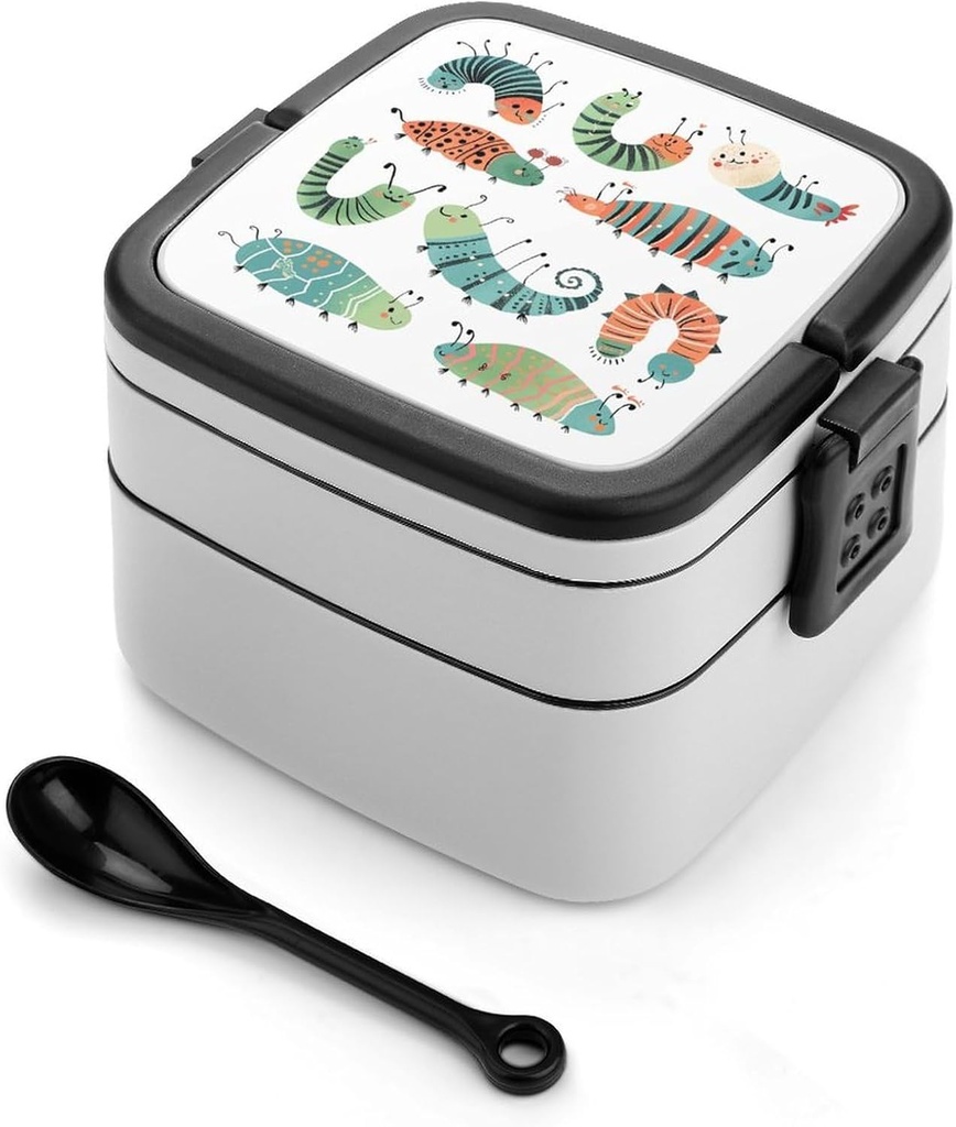 Many Caterpillars Pattern Bento Box - Double Layer, Leakproof Food Containers with Partition & Spoon, Stackable Lunch Box for Office, Travel, Camping