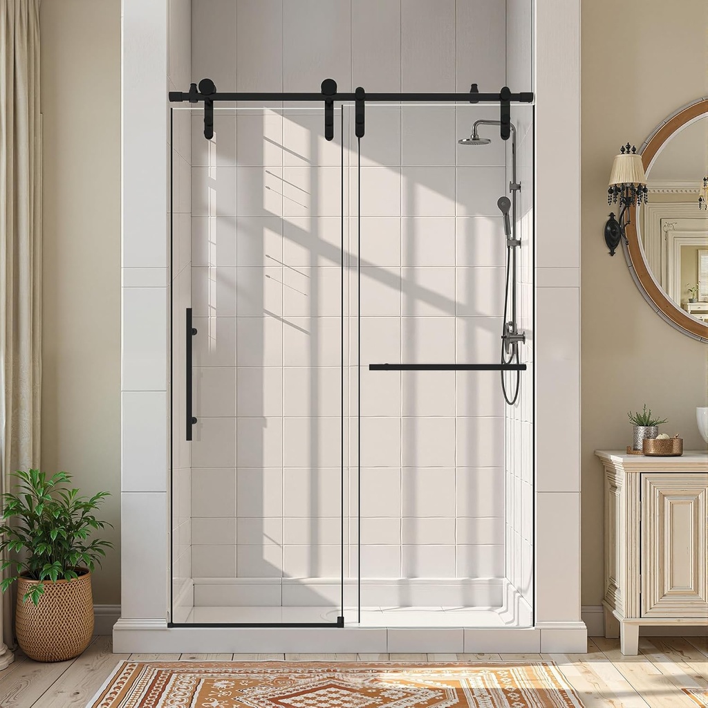 Shower Door 44-48" W * 76" H Glass Shower Door Single Sliding Frameless Shower Doors with 5/16" SGCC Certified Tempered Glass, Stainless Steel Frame for Bathroom, Matte Black