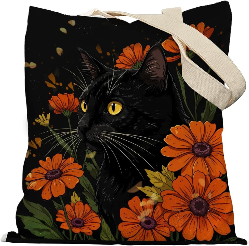 Floral Black Cat Canvas Tote Bag, Cat Mom Mother's Day Gifts, Kitten Gifts for Mom Women, Aesthetic Cute Kitten Reusable Grocery Bags Shopping Bags