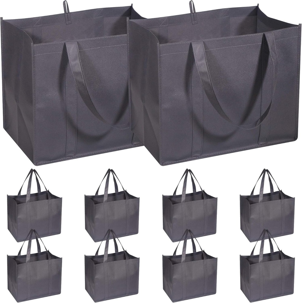 DIOMMELL 10 Pack Reusable Grocery Bags Extra Large Super Strong Heavy Duty Shopping Tote Bags with Reinforced Handles, Grey