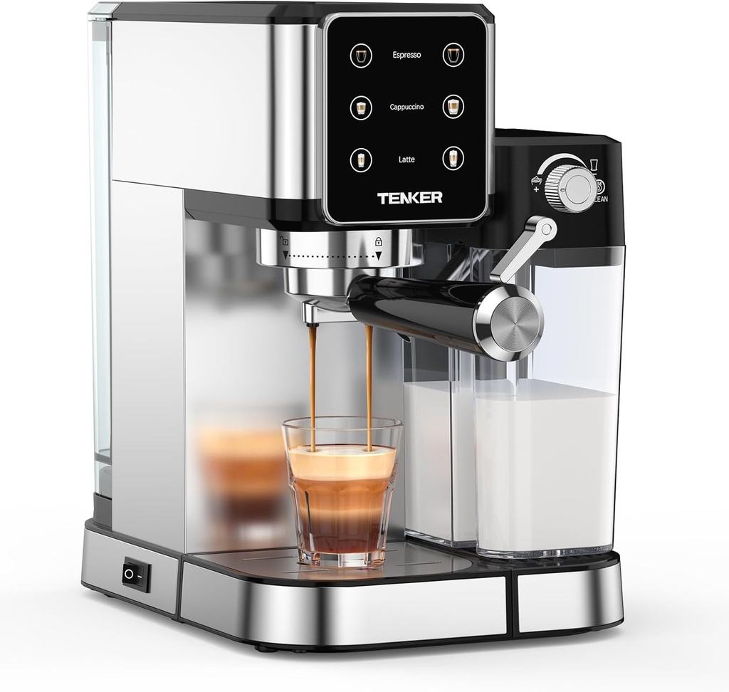 TENKER Espresso Machine, 20 Bar Cappuccino Machine with Automatic Milk Frother, 3-in-1 Coffee Machine, 1350W Dual Boiler Latte Maker, Touchscreen Espresso Coffee Maker, Stainless Steel