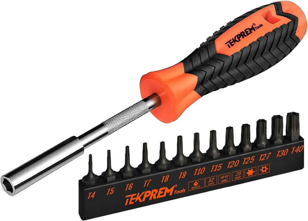 Torx Bit Set with 1/4 inch Magnetic Bit Driver,TEKPREM 12-Piece Security Torx Screwdriver Bit Set with 1 inch T5 T6 T7 T8 T9 T10 T15 T20 T25 T27 T30 T40 Tamper Resistant