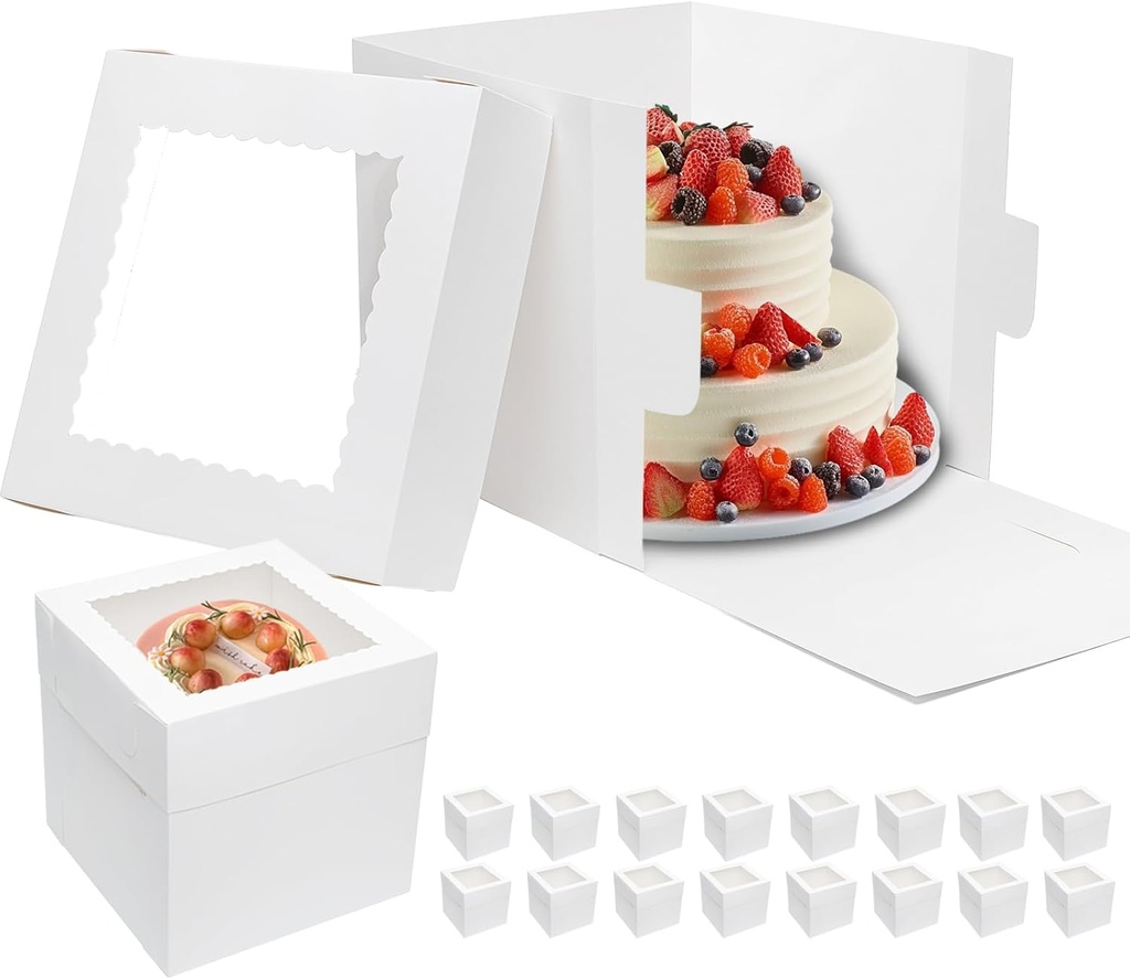 Mcfleet 16pcs Tall Cake Boxes 12x12x12 Bakery Boxes for Tier Cakes with Window 12 Inch White Large Cardboard Bakery Take Out Carrier Containers with Lids for Wedding, Birthday, Party
